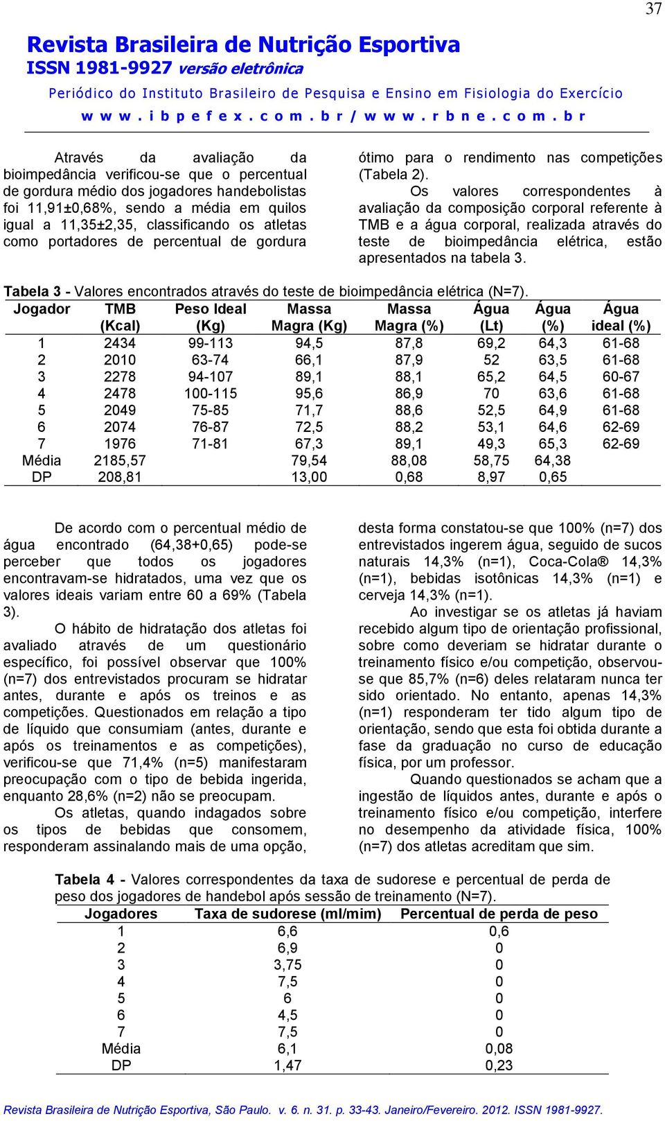 Os valores correspondentes à avaliação da composição corporal referente à TMB e a água corporal, realizada através do teste de bioimpedância elétrica, estão apresentados na tabela 3.