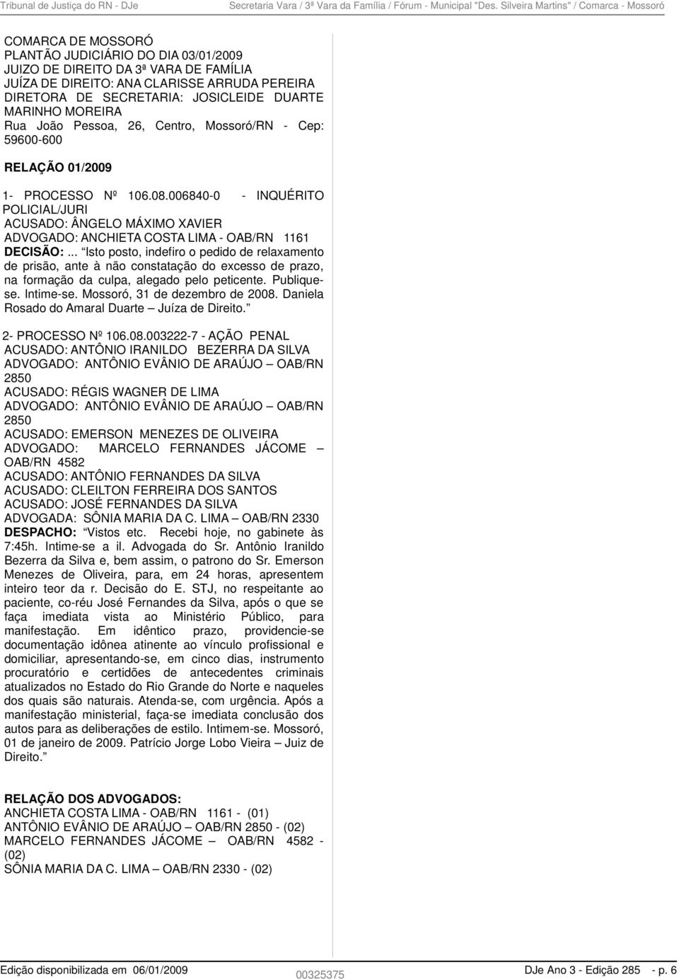 SECRETARIA: JOSICLEIDE DUARTE MARINHO MOREIRA Rua João Pessoa, 26, Centro, Mossoró/RN - Cep: 59600-600 RELAÇÃO 01/2009 1- PROCESSO Nº 106.08.