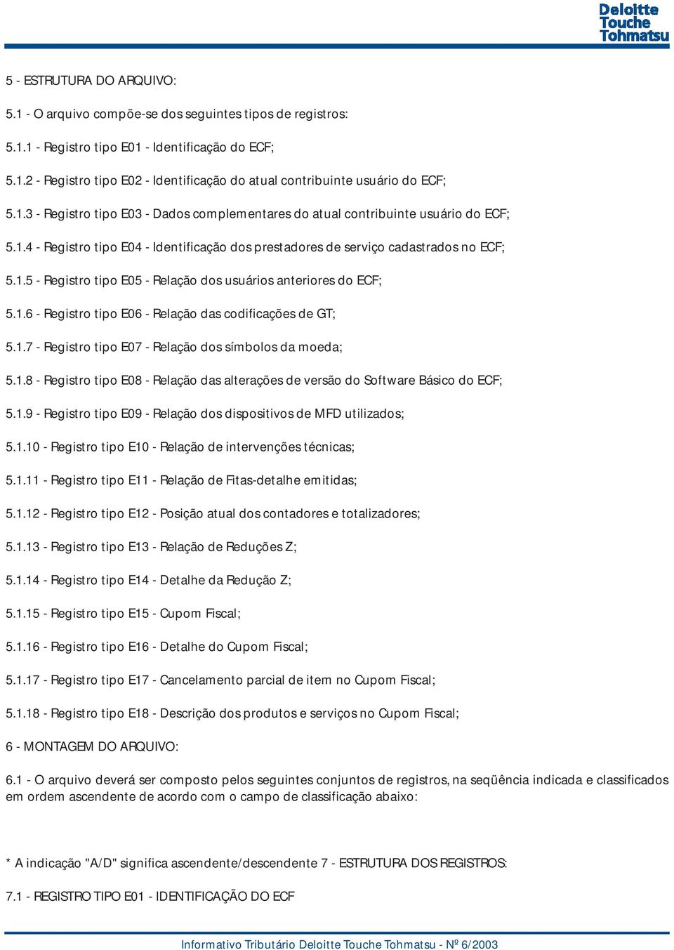 1.6 - Registro tipo E06 - Relação das codificações de GT; 5.1.7 - Registro tipo E07 - Relação dos símbolos da moeda; 5.1.8 - Registro tipo E08 - Relação das alterações de versão do Software Básico do ECF; 5.