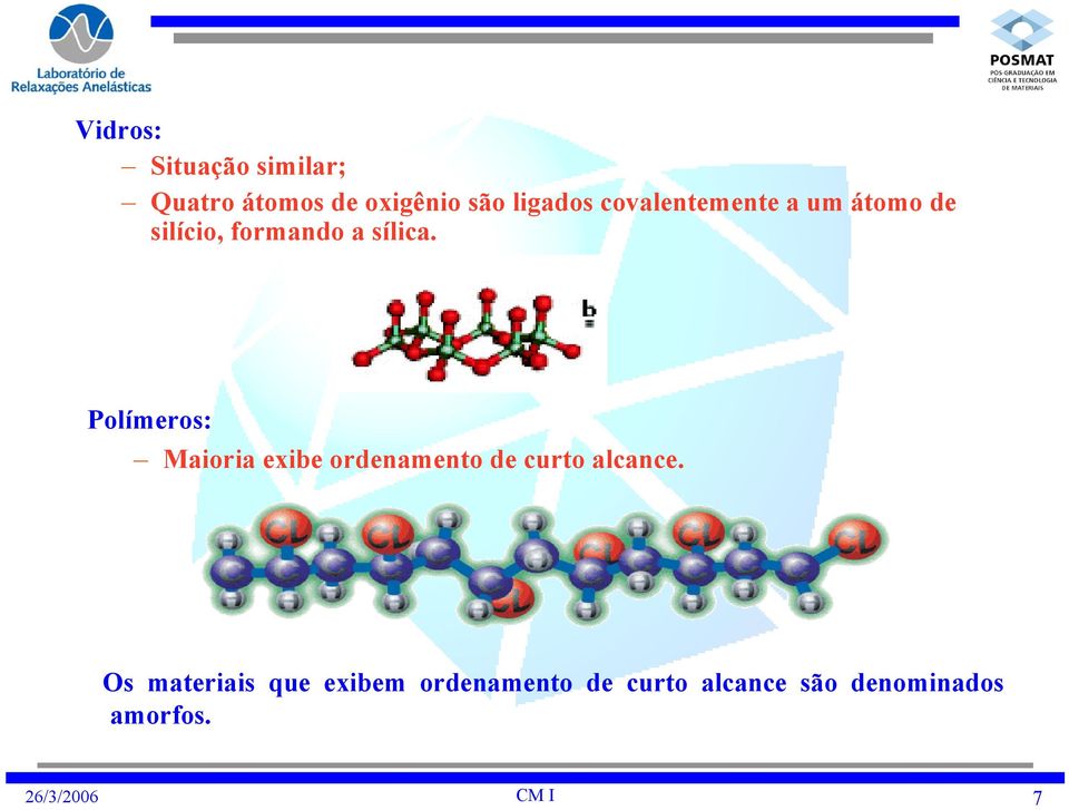 a sílica. Polímeros: Maioria exibe ordenamento de curto alcance.