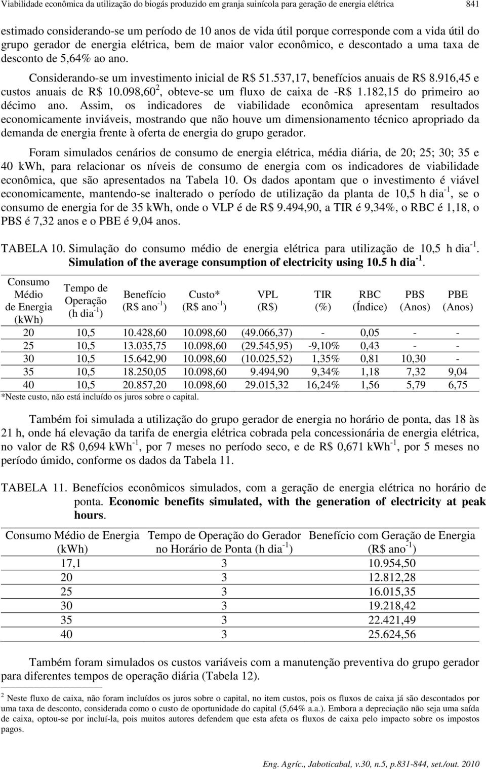 537,17, benefícios anuais de R$ 8.916,45 e custos anuais de R$ 10.098,60 2, obteve-se um fluxo de caixa de -R$ 1.182,15 do primeiro ao décimo ano.