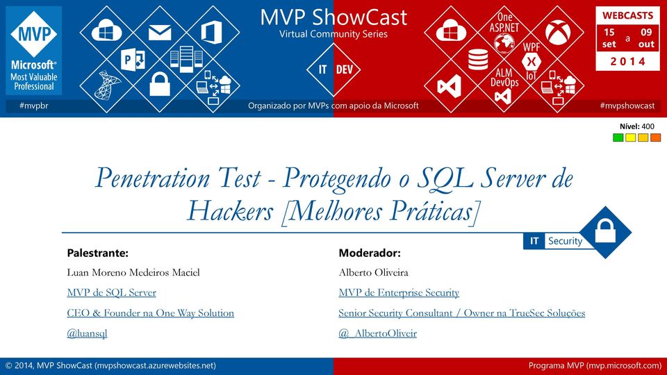Medeiros Maciel MVP de SQL Server CEO & Founder na One Way Solution @luansql Moderador: Alberto Oliveira MVP de Enterprise