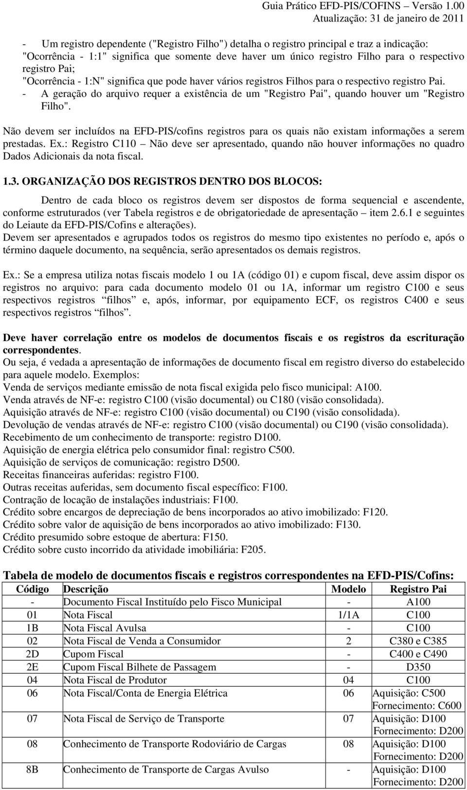 - A geração do arquivo requer a existência de um "Registro Pai", quando houver um "Registro Filho".