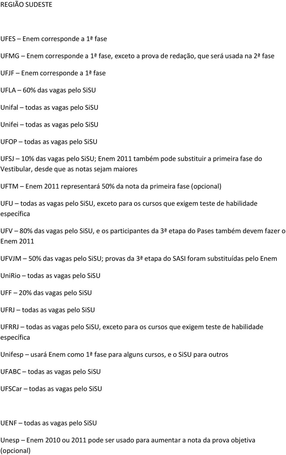 as notas sejam maiores UFTM Enem 2011 representará 50% da nota da primeira fase (opcional) UFU todas as vagas pelo SiSU, exceto para os cursos que exigem teste de habilidade específica UFV 80% das