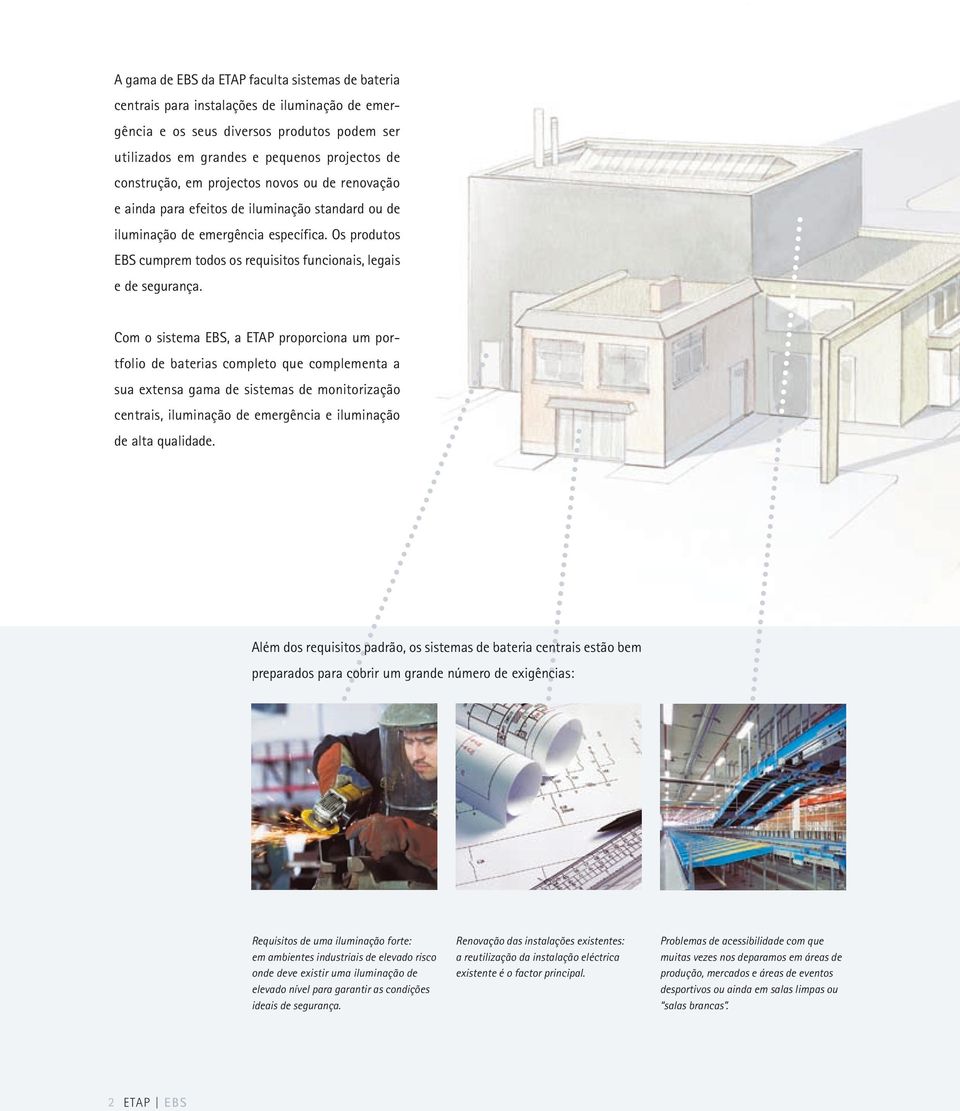 Com o sistema EBS, a ETAP proporciona um portfolio de baterias completo que complementa a sua extensa gama de sistemas de monitorização centrais, iluminação de emergência e iluminação de alta