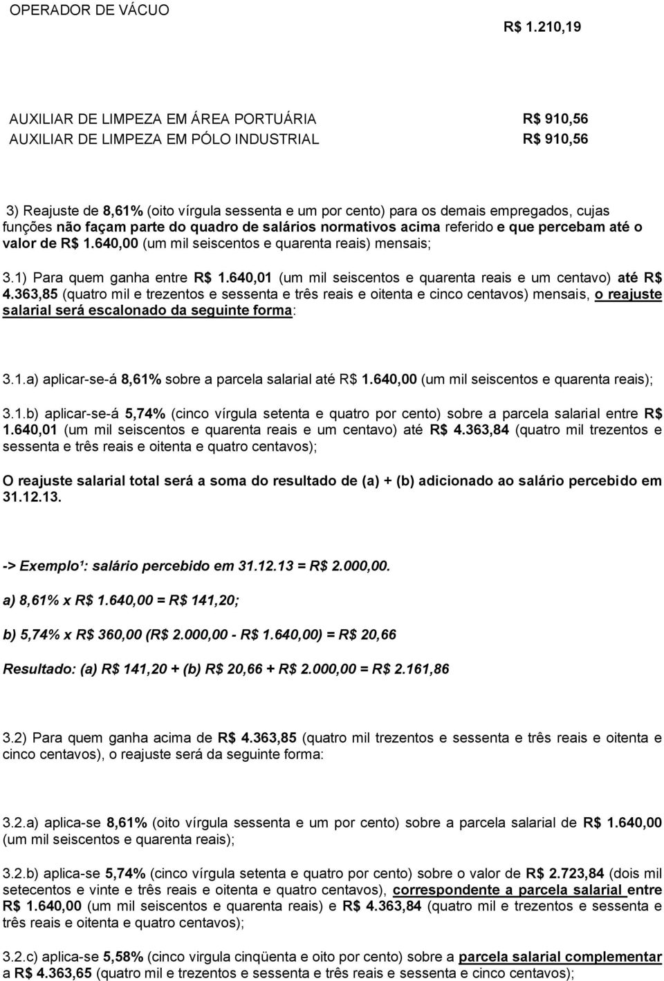 funções não façam parte do quadro de salários normativos acima referido e que percebam até o valor de R$ 1.640,00 (um mil seiscentos e quarenta reais) mensais; 3.1) Para quem ganha entre R$ 1.