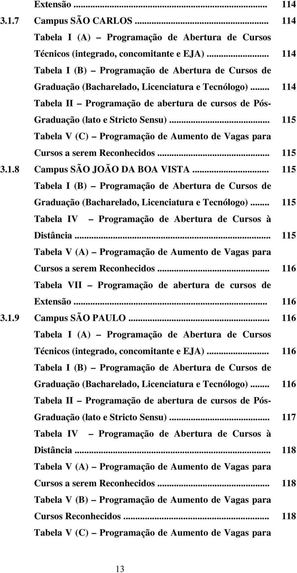 .. 115 Tabela V (C) Programação de Aumento de Vagas para Cursos a serem Reconhecidos... 115 3.1.8 Campus SÃO JOÃO DA BOA VISTA.