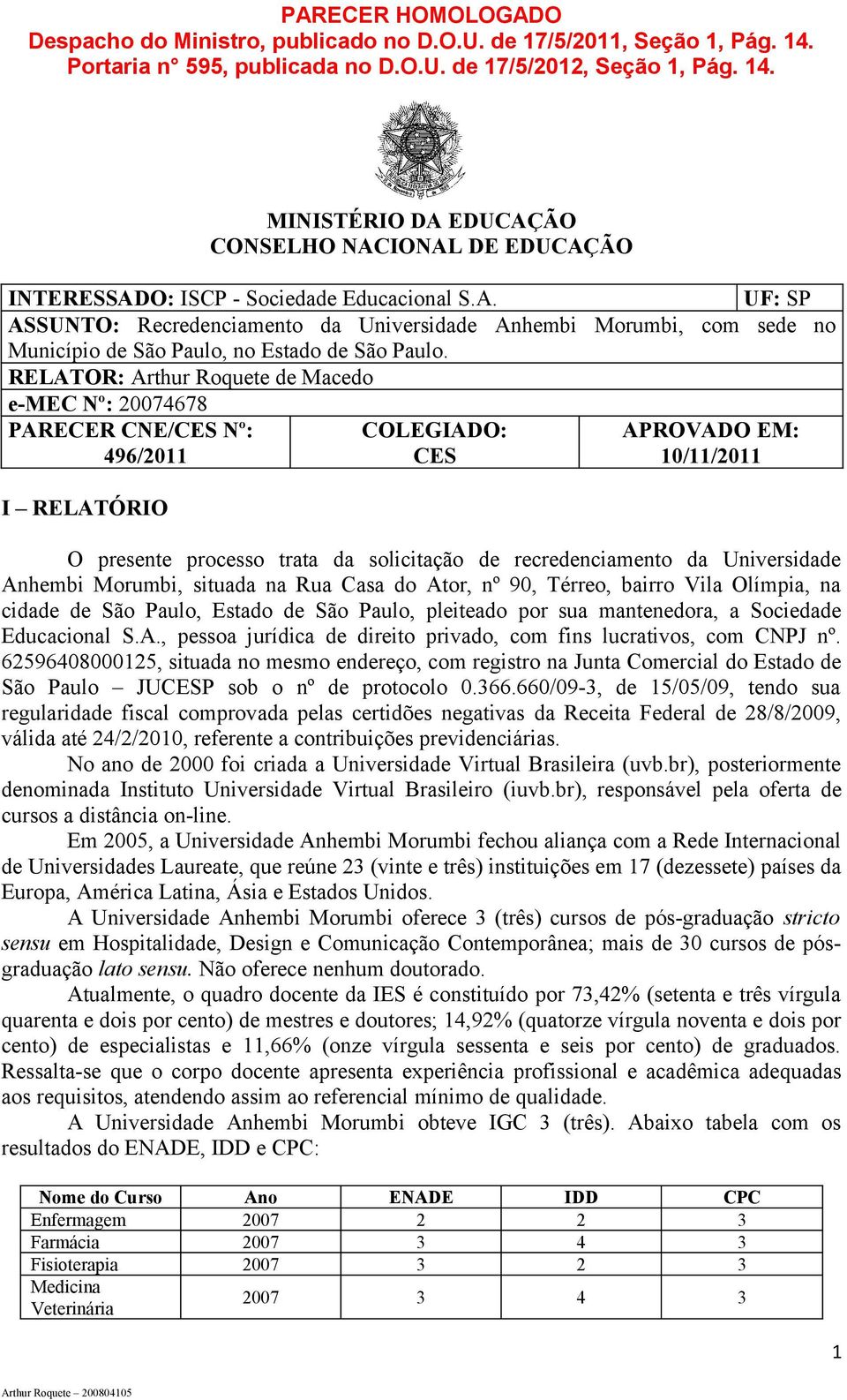 RELATOR: Arthur Roquete de Macedo e-mec Nº: 20074678 PARECER CNE/CES Nº: 496/2011 I RELATÓRIO COLEGIADO: CES APROVADO EM: 10/11/2011 O presente processo trata da solicitação de recredenciamento da