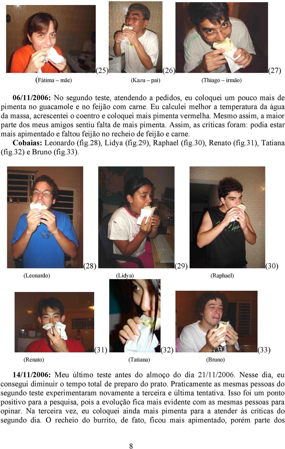 Assim, as críticas foram: podia estar mais apimentado e faltou feijão no recheio de feijão e carne. Cobaias: Leonardo (fig.28), Lidya (fig.29), Raphael (fig.30), Renato (fig.31), Tatiana (fig.