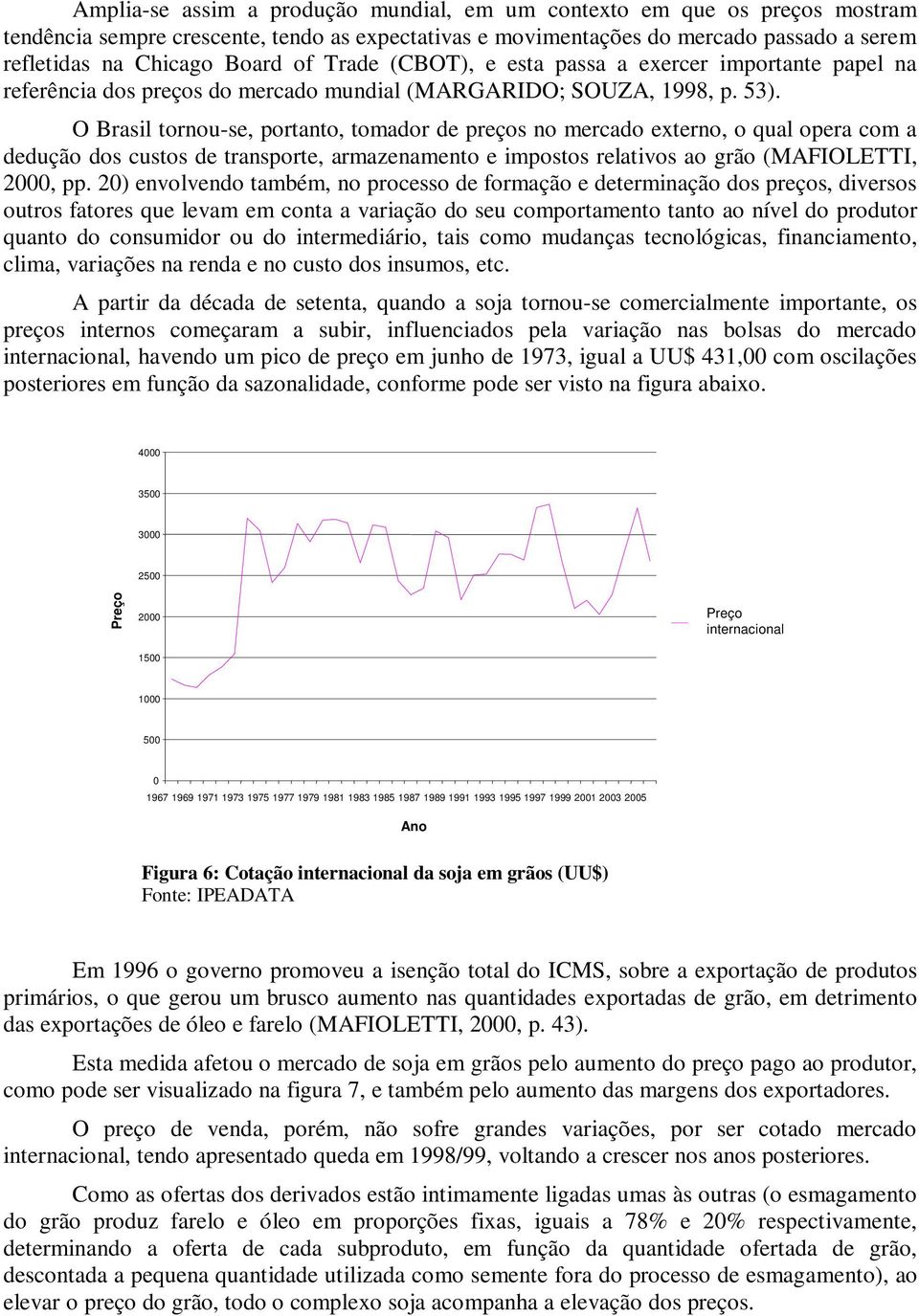 O Brasil tornou-se, portanto, tomador de preços no mercado externo, o qual opera com a dedução dos custos de transporte, armazenamento e impostos relativos ao grão (MAFIOLETTI, 2000, pp.