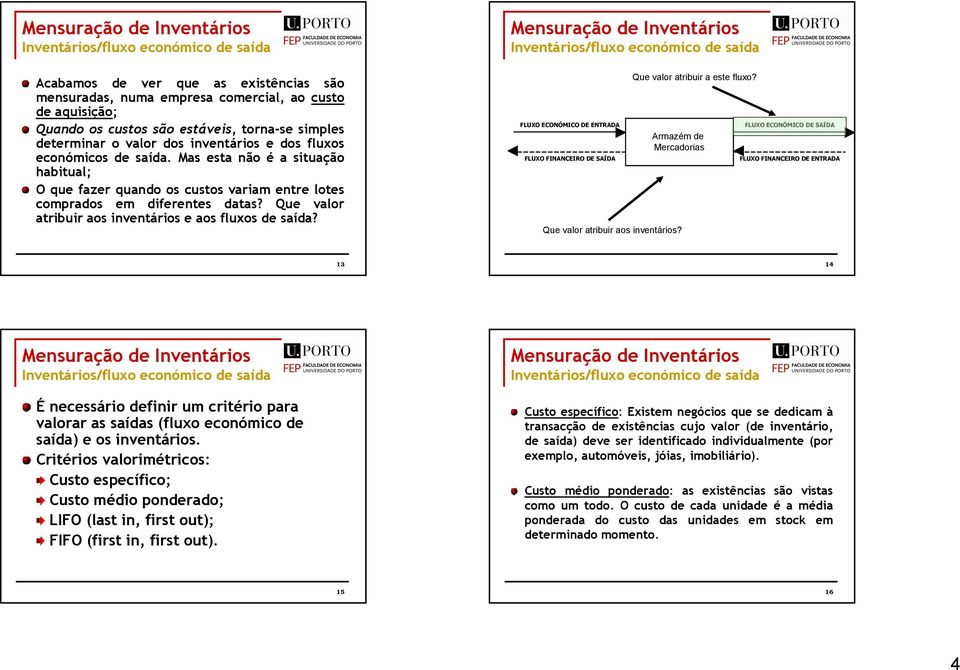 Que valor atribuir a este fluxo? Que valor atribuir aos inventários? 13 14 É necessário definir um critério para valorar as saídas (fluxo económico de saída) e os inventários.