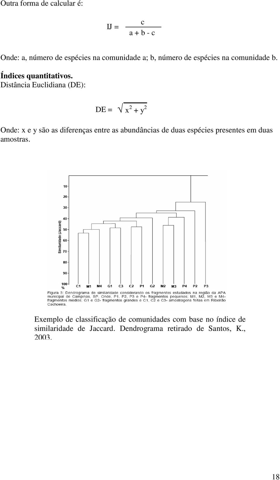 Distância Euclidiana (DE): DE = x 2 + y 2 Onde: x e y são as diferenças entre as abundâncias de duas