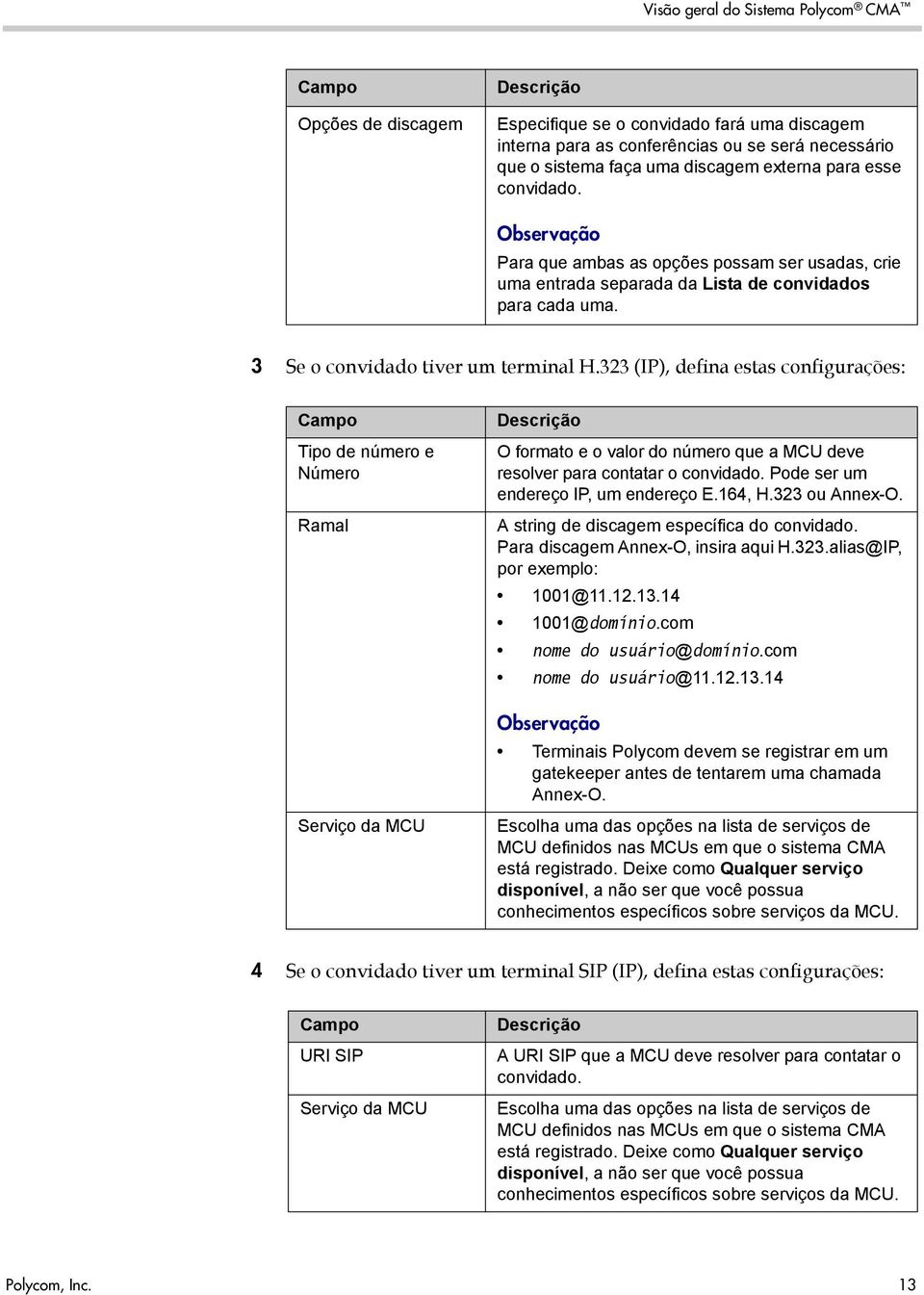 323 (IP), defina estas configurações: Campo Tipo de número e Número Ramal Serviço da MCU O formato e o valor do número que a MCU deve resolver para contatar o convidado.