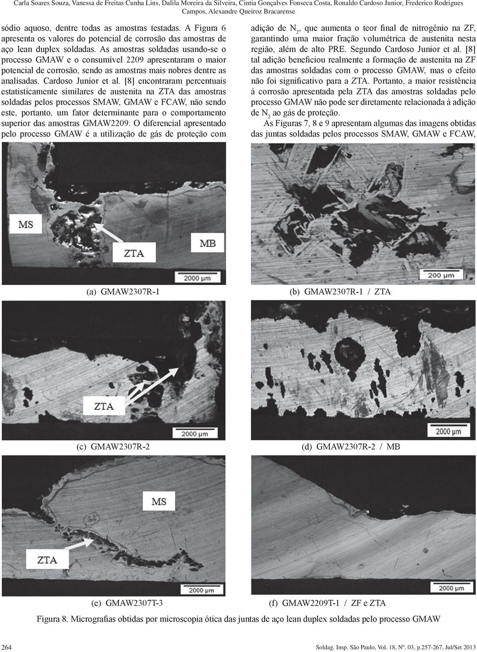 As amostras soldadas usando-se o processo GMAW e o consumível 2209 apresentaram o maior potencial de corrosão, sendo as amostras mais nobres dentre as analisadas. Cardoso Junior et al.