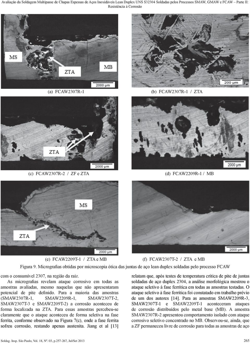 Micrografias obtidas por microscopia ótica das juntas de aço lean duplex soldadas pelo processo FCAW com o consumível 2307, na região da raiz.