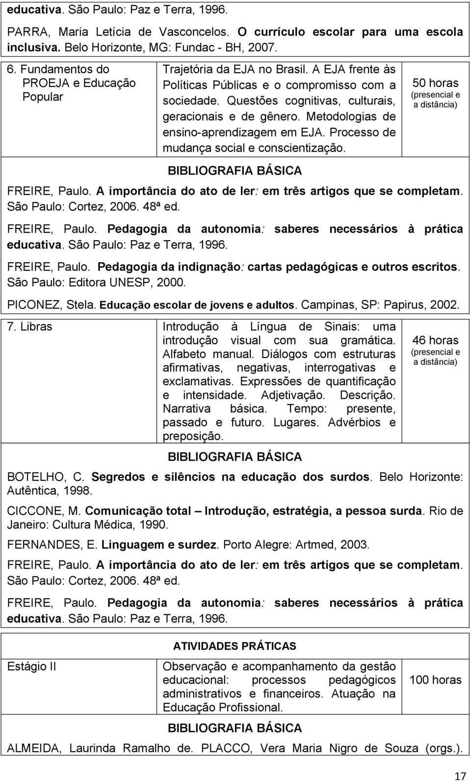 Metodologias de ensino-aprendizagem em EJA. Processo de mudança social e conscientização. 50 horas FREIRE, Paulo. A importância do ato de ler: em três artigos que se completam.