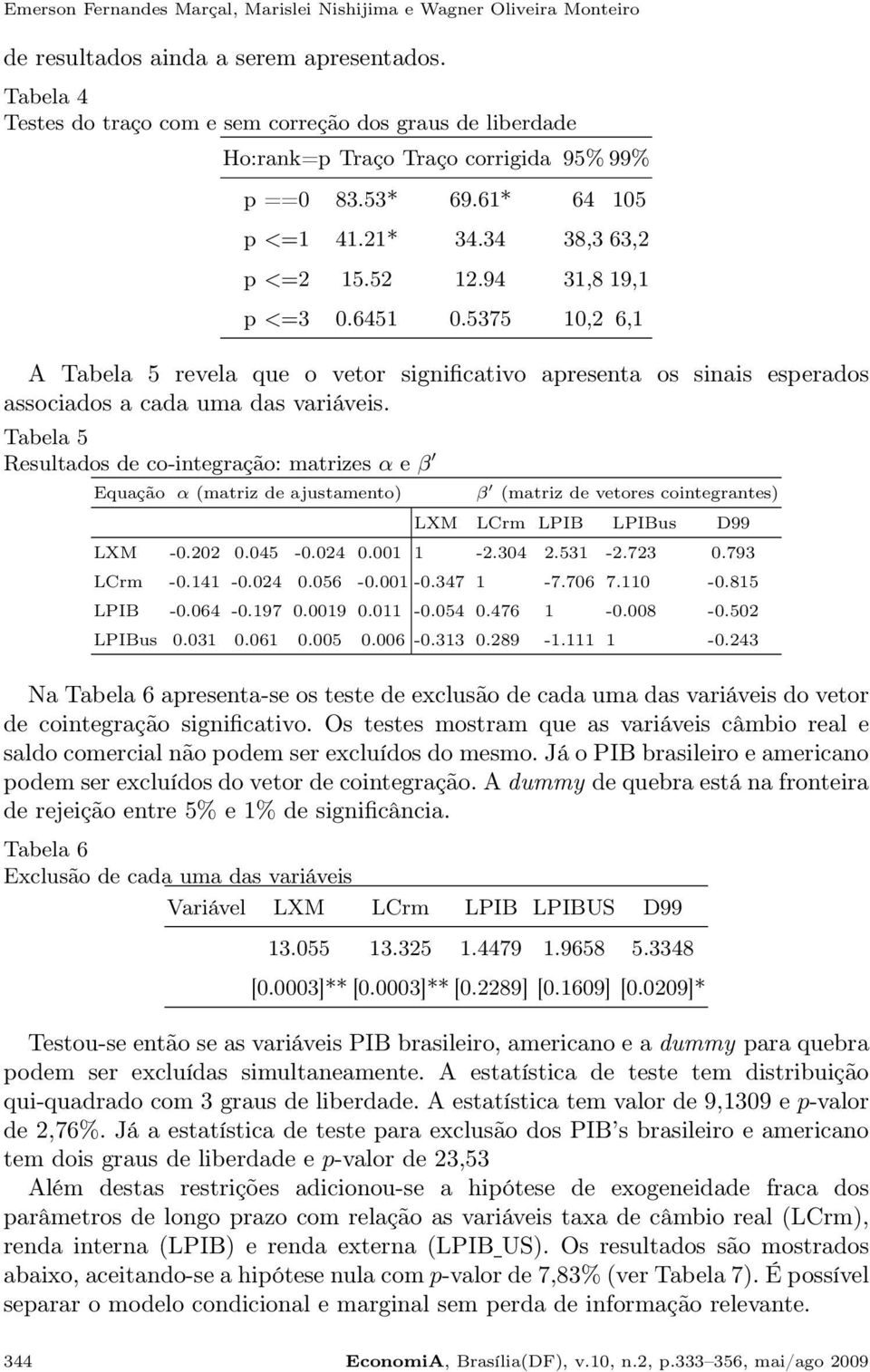 5375 1,2 6,1 A Tabela 5 revela que o vetor significativo apresenta os sinais esperados associados a cada uma das variáveis.