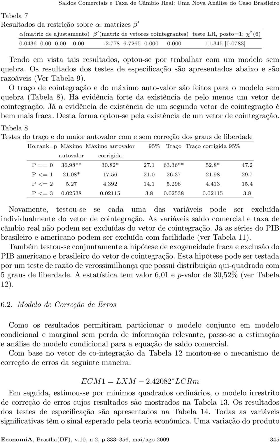 Os resultados dos testes de especificação são apresentados abaixo e são razoáveis (Ver Tabela 9). O traço de cointegração e do máximo auto-valor são feitos para o modelo sem quebra (Tabela 8).