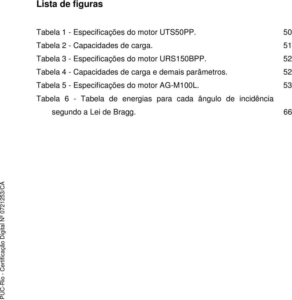 52 Tabela 4 - Capacidades de carga e demais parâmetros.