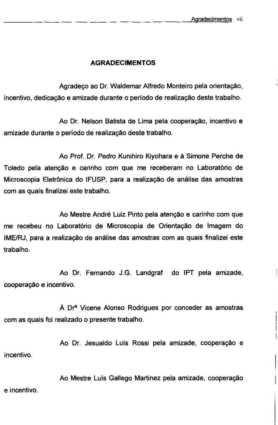 Pedro Kunihiro Kiyohara e à Simone Perche de Toledo pela atenção e carinho com que me receberam no Laboratório de Microscopia Eletrônica do IFUSP, para a realização de análise das amostras com as