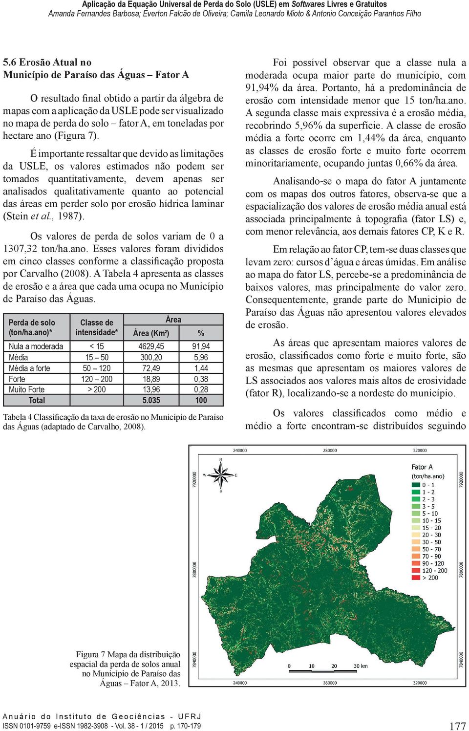 É importante ressaltar que devido as limitações da USLE, os valores estimados não podem ser tomados quantitativamente, devem apenas ser analisados qualitativamente quanto ao potencial das áreas em