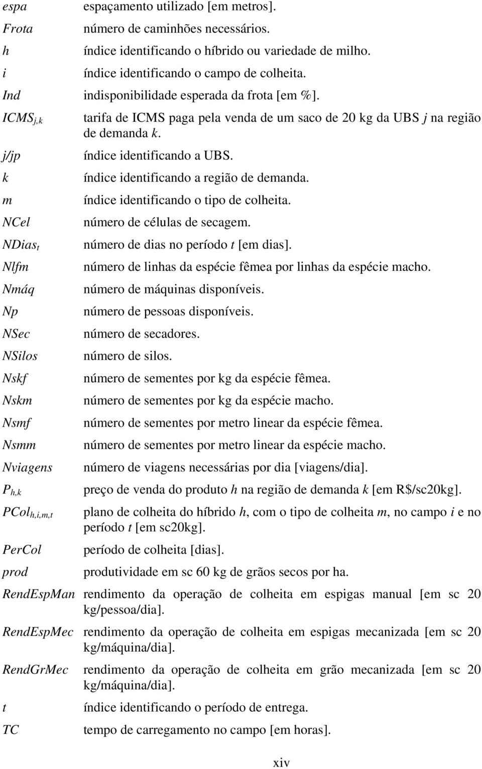 k índice identificando a região de demanda. m índice identificando o tipo de colheita. NCel número de células de secagem. NDias t número de dias no período t [em dias].