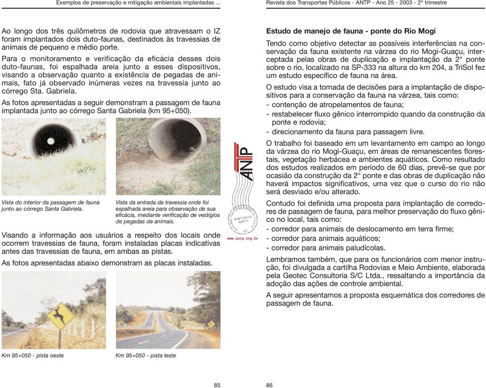 observado inúmeras vezes na travessia junto ao córrego Sta. Gabriela. As fotos apresentadas a seguir demonstram a passagem de fauna implantada junto ao córrego Santa Gabriela (km 95+050).