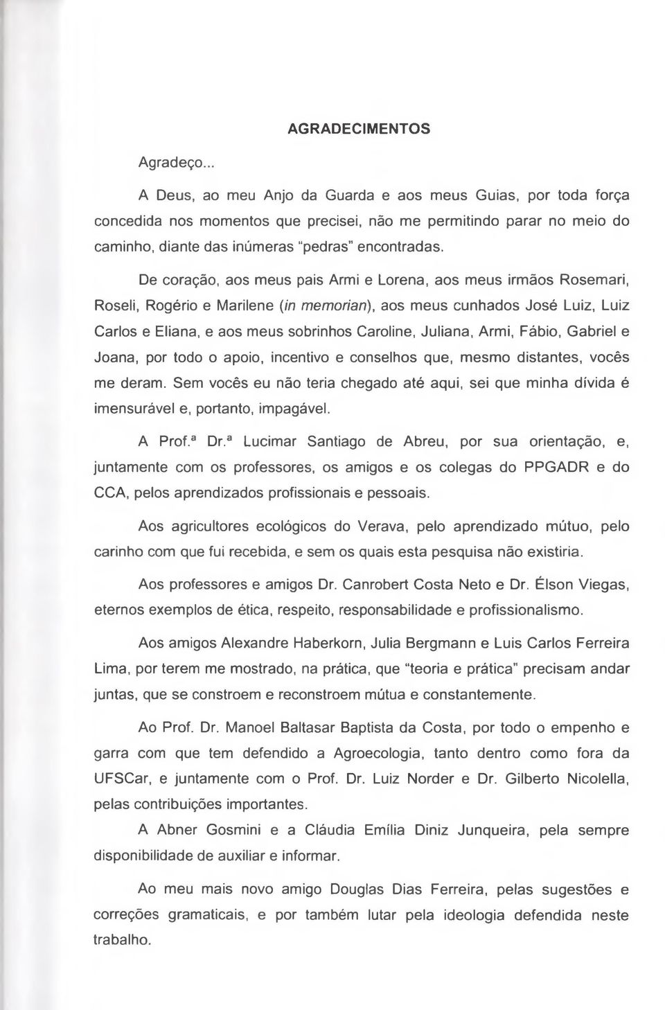 De coração, aos meus pais Armi e Lorena, aos meus irmãos Rosemari, Roseli, Rogério e Marilene (in memorian), aos meus cunhados José Luiz, Luiz Carlos e Eliana, e aos meus sobrinhos Caroline, Juliana,