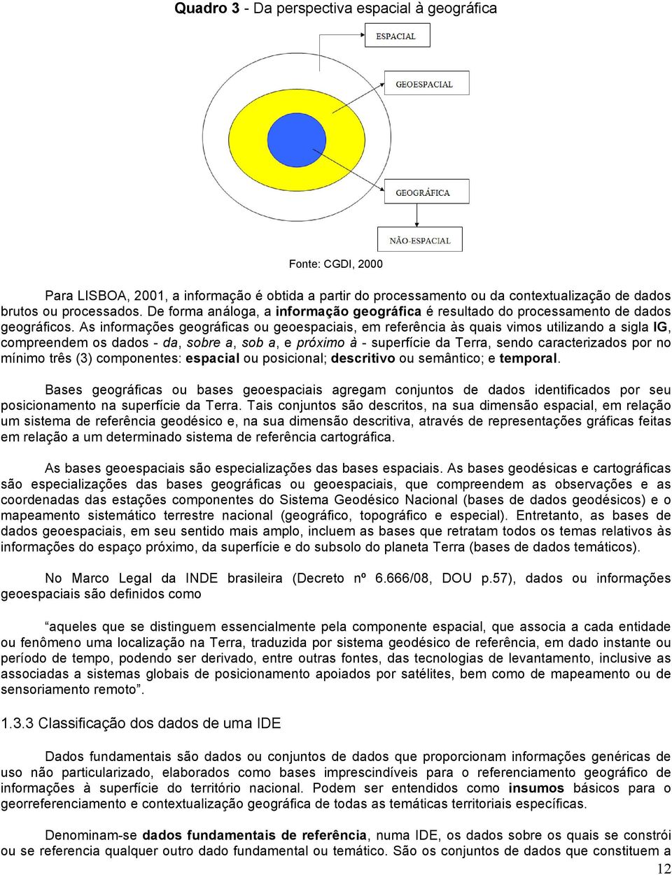 As informações geográficas ou geoespaciais, em referência às quais vimos utilizando a sigla IG, compreendem os dados - da, sobre a, sob a, e próximo à - superfície da Terra, sendo caracterizados por