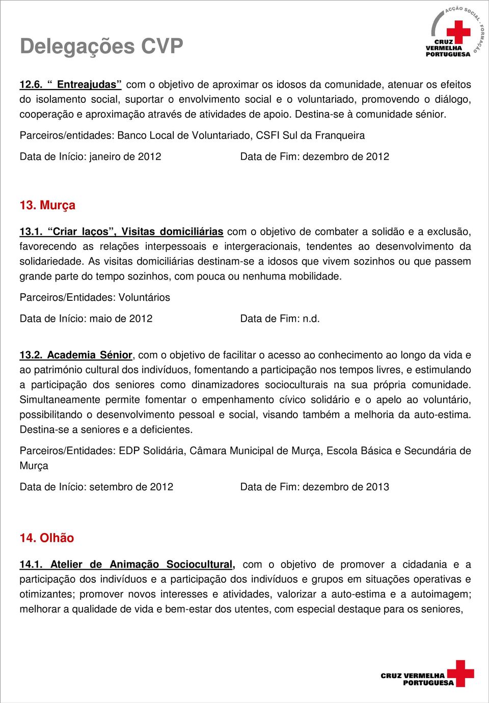 Parceiros/entidades: Banco Local de Voluntariado, CSFI Sul da Franqueira Data de Início: janeiro de 2012