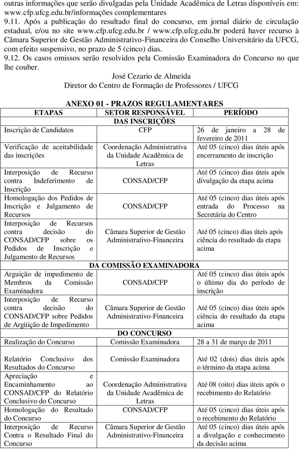 br / www.cfp.ufcg.edu.br poderá haver recurso à Câmara Superior de Gestão Administrativo-Financeira do Conselho Universitário da UFCG, com efeito suspensivo, no prazo de 5 (cinco) dias. 9.12.