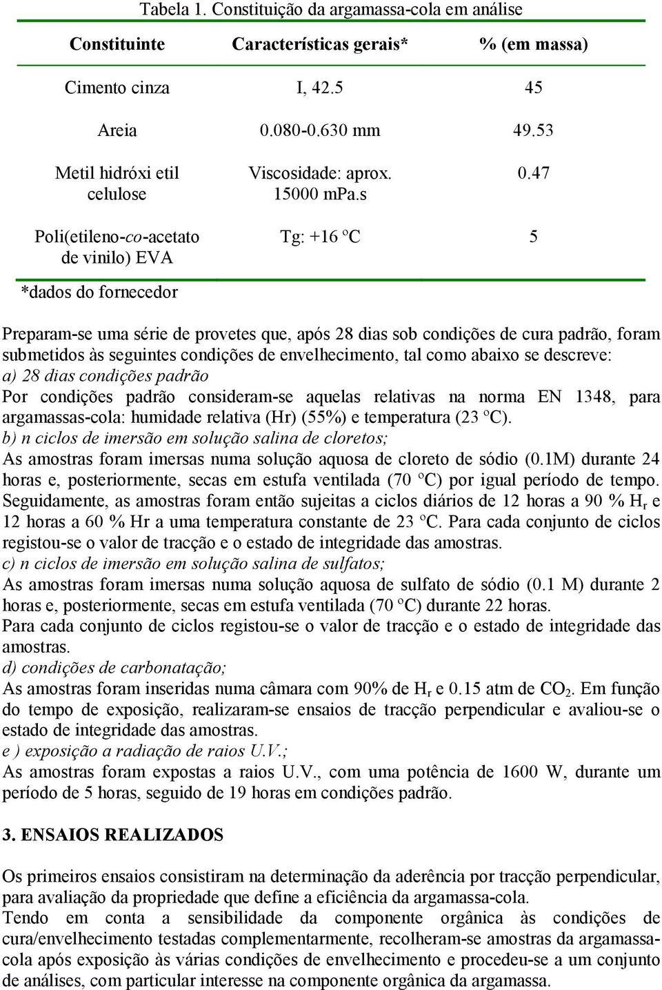 47 Poli(etileno-co-acetato de vinilo) EVA Tg: +16 ºC 5 *dados do fornecedor Preparam-se uma série de provetes que, após 28 dias sob condições de cura padrão, foram submetidos às seguintes condições