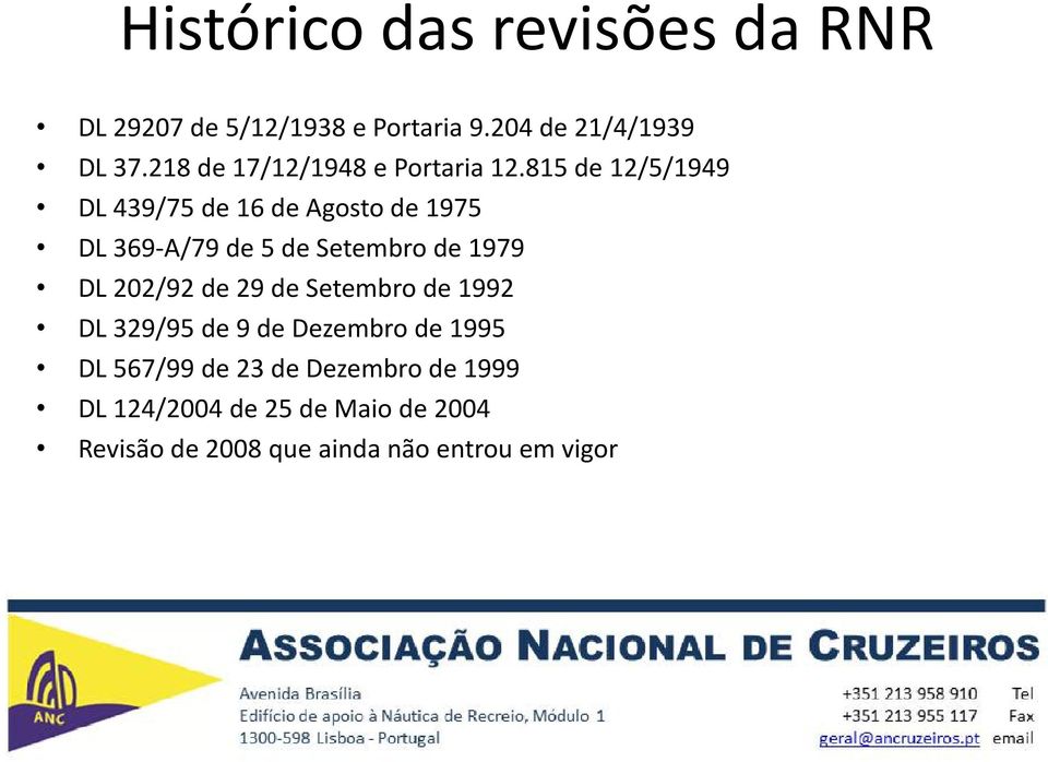 815 de 12/5/1949 DL 439/75 de 16 de Agosto de 1975 DL 369-A/79 de 5 de Setembro de 1979 DL 202/92