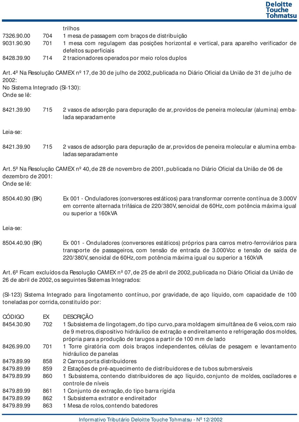 4º Na Resolução CAMEX nº 17, de 30 de julho de 2002, publicada no Diário Oficial da União de 31 de julho de 2002: No Sistema Integrado (SI-130): Onde se lê: 8421.39.