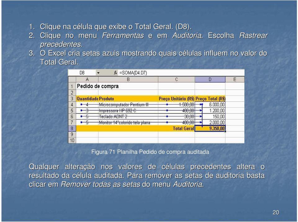 O Excel cria setas azuis mostrando quais células c influem no valor do Total Geral.