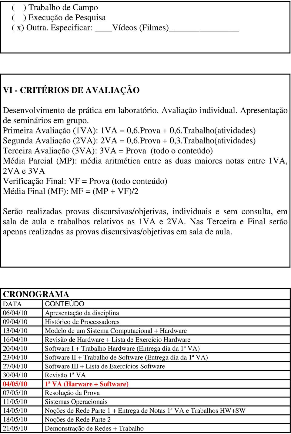 Trabalho(atividades) Terceira Avaliação (3VA): 3VA = Prova (todo o conteúdo) Média Parcial (MP): média aritmética entre as duas maiores notas entre 1VA, 2VA e 3VA Verificação Final: VF = Prova (todo