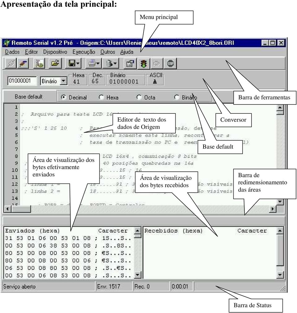 visualização dos bytes efetivamente enviados Área de visualização