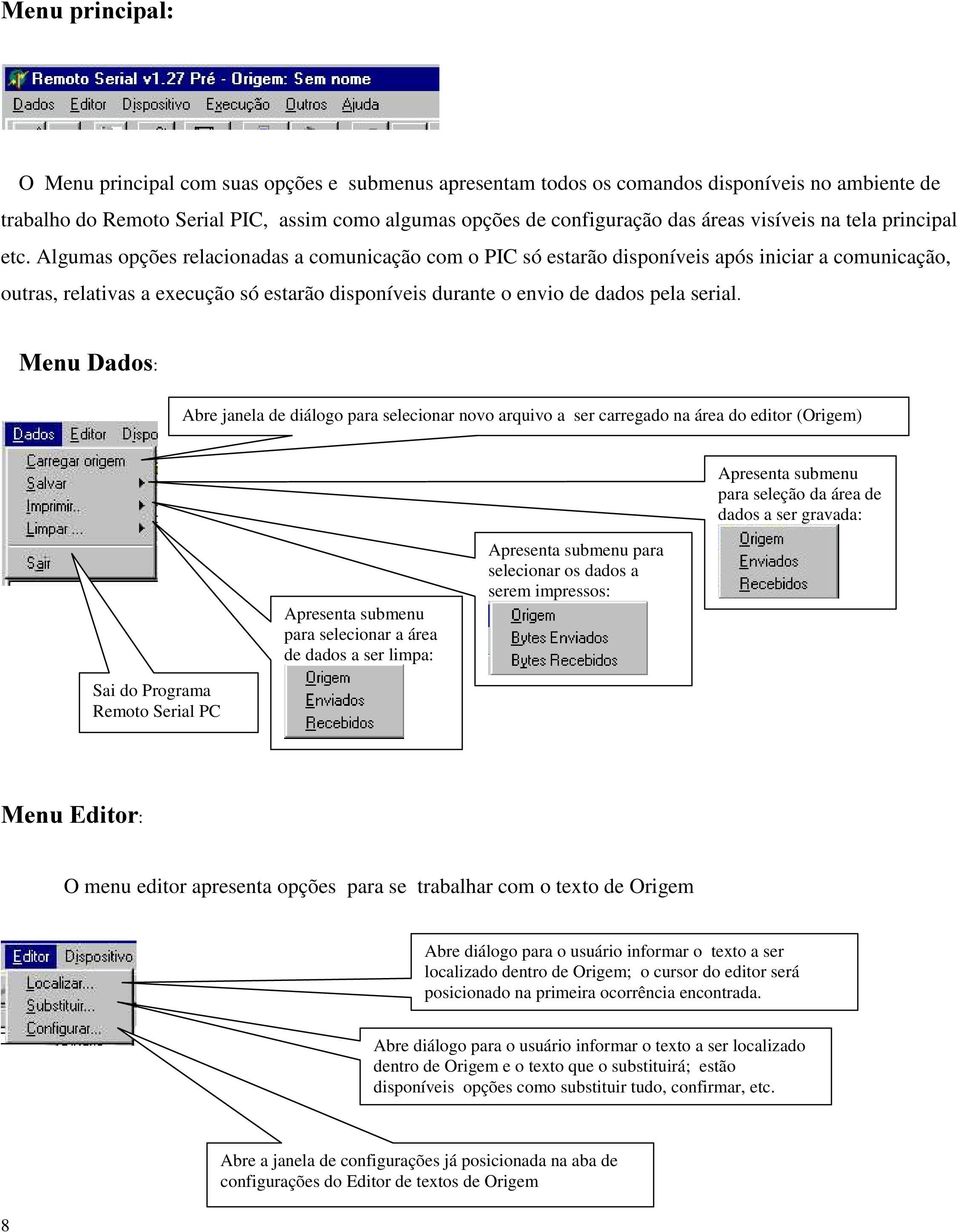 Algumas opções relacionadas a comunicação com o PIC só estarão disponíveis após iniciar a comunicação, outras, relativas a execução só estarão disponíveis durante o envio de dados pela serial.