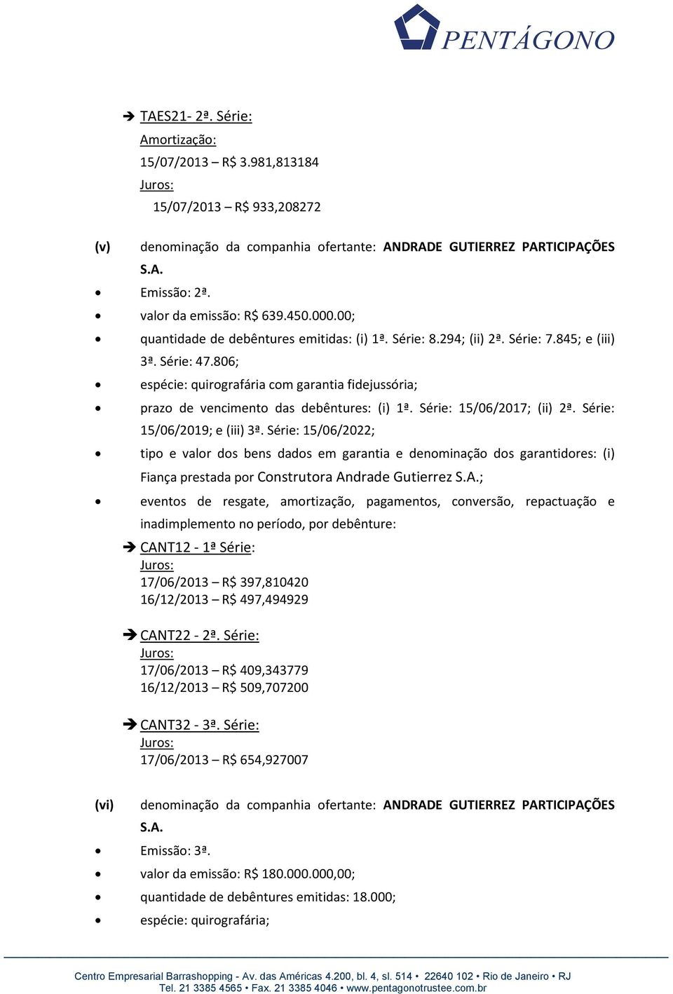 806; espécie: quirografária com garantia fidejussória; prazo de vencimento das debêntures: (i) 1ª. Série: 15/06/2017; (ii) 2ª. Série: 15/06/2019; e (iii) 3ª.