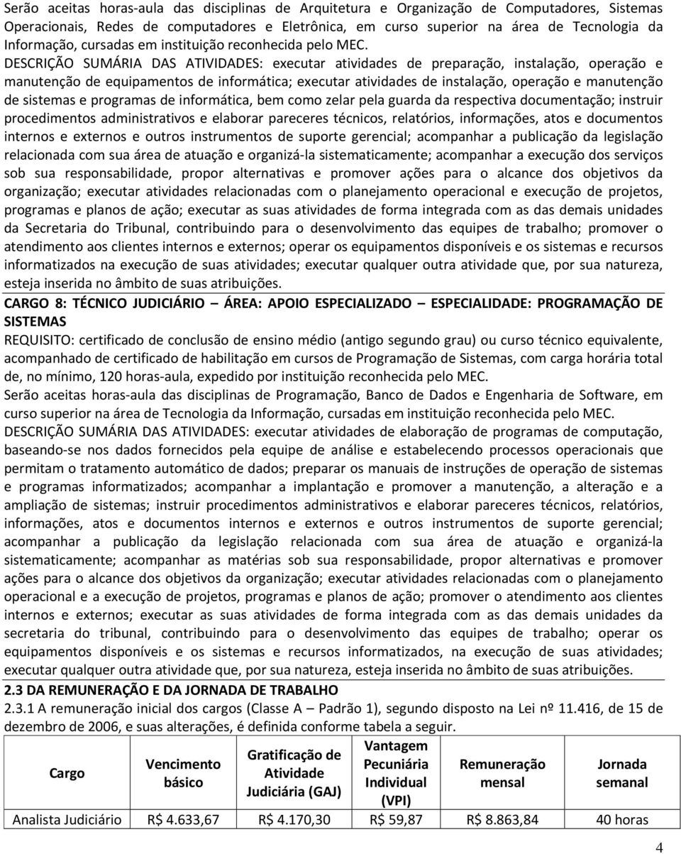 DESCRIÇÃO SUMÁRIA DAS ATIVIDADES: executar atividades de preparação, instalação, operação e manutenção de equipamentos de informática; executar atividades de instalação, operação e manutenção de