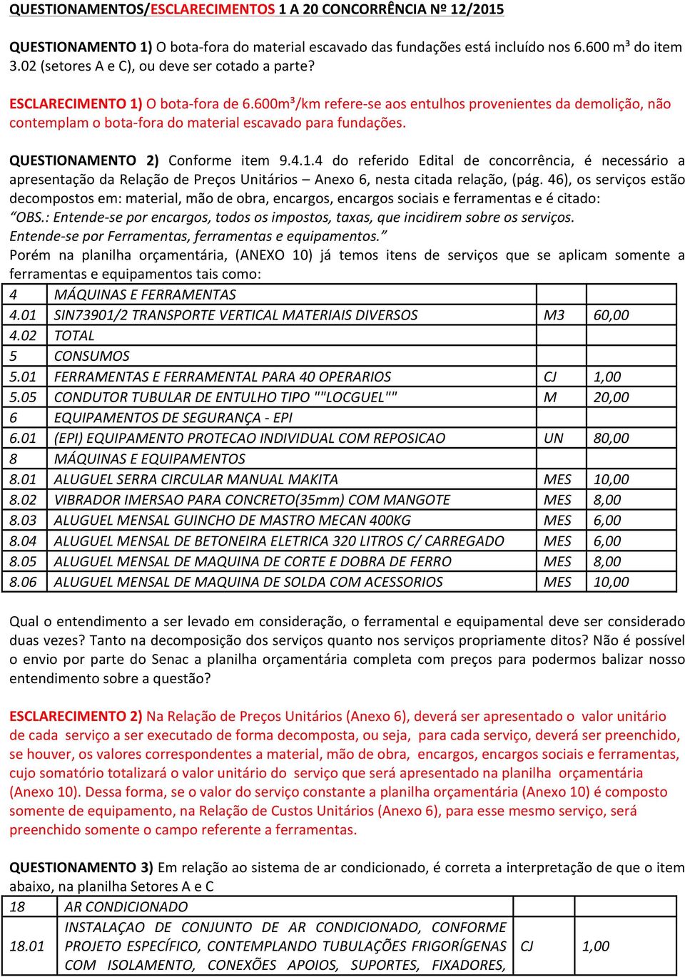 600m³/km refere- se aos entulhos provenientes da demolição, não contemplam o bota- fora do material escavado para fundações. QUESTIONAMENTO 2) Conforme item 9.4.1.