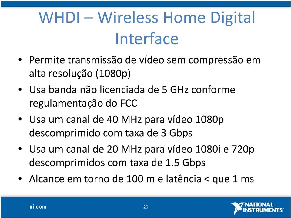 canal de 40 MHz para vídeo 1080p descomprimido com taxa de 3 Gbps Usa um canal de 20 MHz para