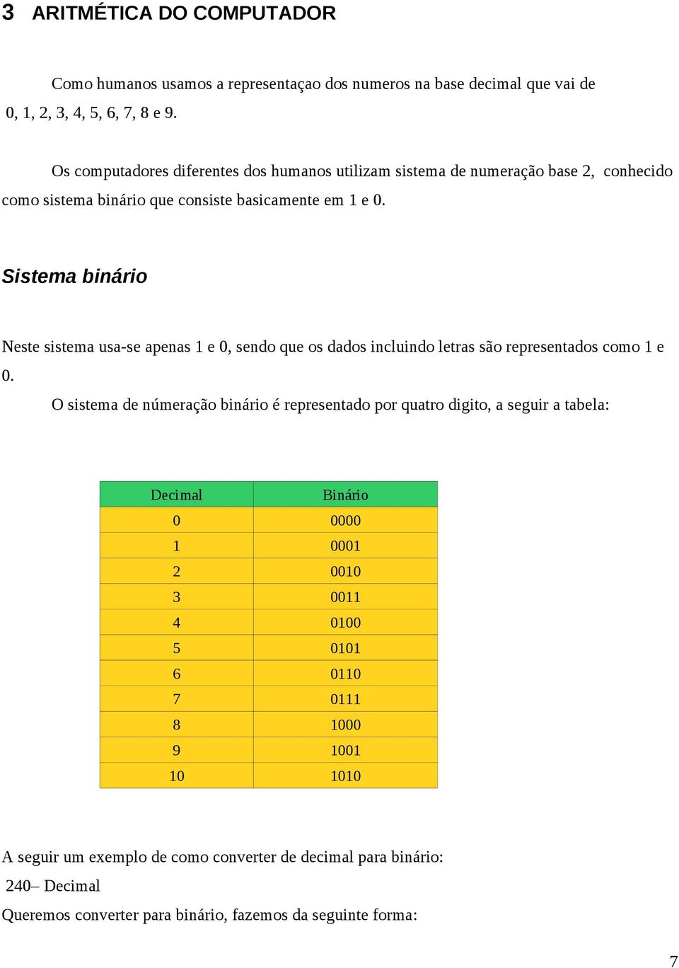 Sistema binário Neste sistema usa-se apenas 1 e 0, sendo que os dados incluindo letras são representados como 1 e 0.