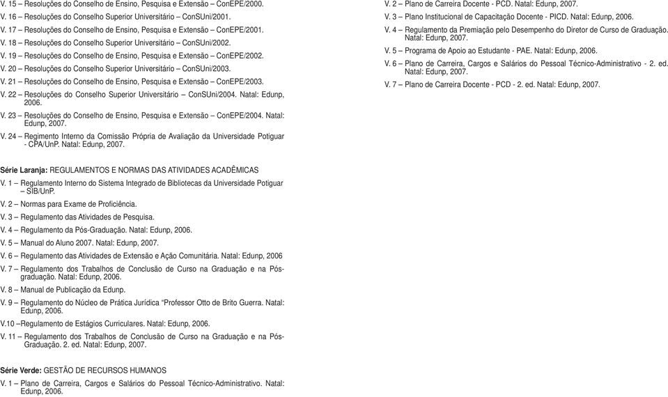 V. 21 Resoluções do Conselho de Ensino, Pesquisa e Extensão ConEPE/2003. V. 22 Resoluções do Conselho Superior Universitário ConSUni/2004. Natal: Edunp, 2006. V. 23 Resoluções do Conselho de Ensino, Pesquisa e Extensão ConEPE/2004.
