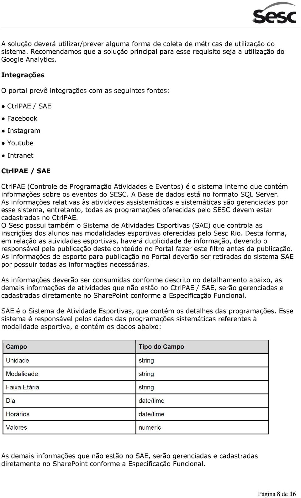 interno que contém informações sobre os eventos do SESC. A Base de dados está no formato SQL Server.