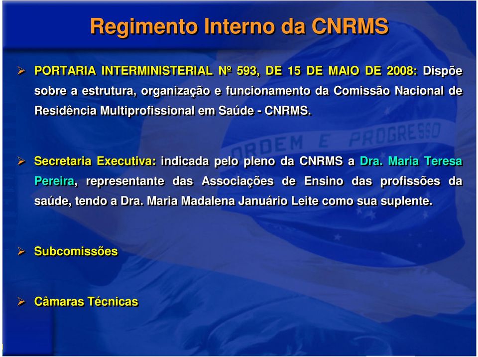 Secretaria Executiva: indicada pelo pleno da CNRMS a Dra.