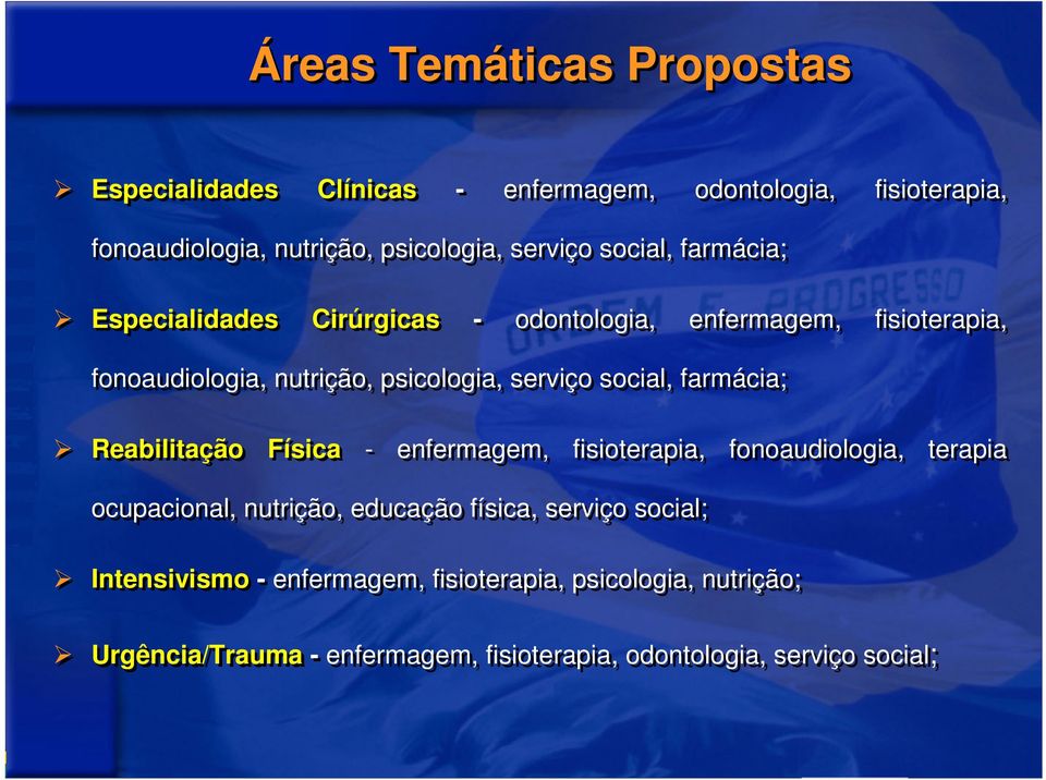 social, farmácia; Reabilitação Física - enfermagem, fisioterapia, fonoaudiologia, terapia ocupacional, nutrição, educação física, serviço