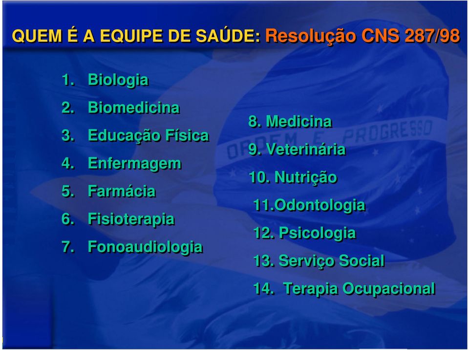 Fisioterapia 7. Fonoaudiologia 8. Medicina 9. Veterinária ria 10.