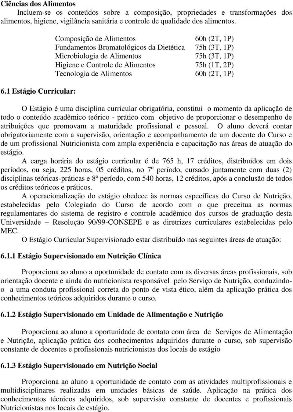 Tecnologia de Alimentos 60h (2T, 1P) O Estágio é uma disciplina curricular obrigatória, constitui o momento da aplicação de todo o conteúdo acadêmico teórico - prático com objetivo de proporcionar o