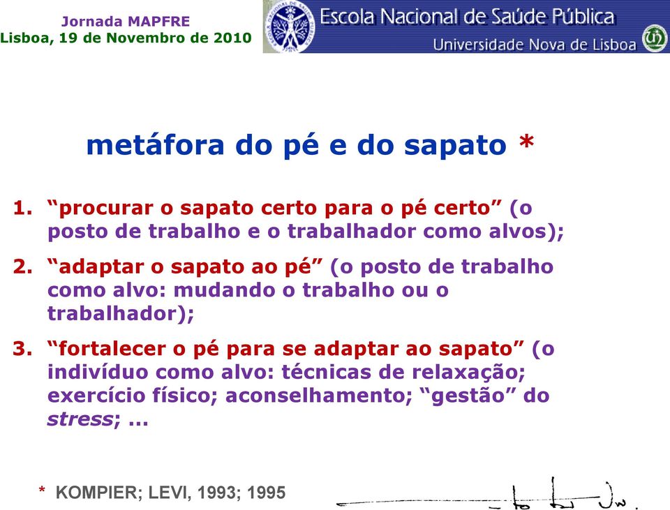 adaptar o sapato ao pé (o posto de trabalho como alvo: mudando o trabalho ou o trabalhador); 3.